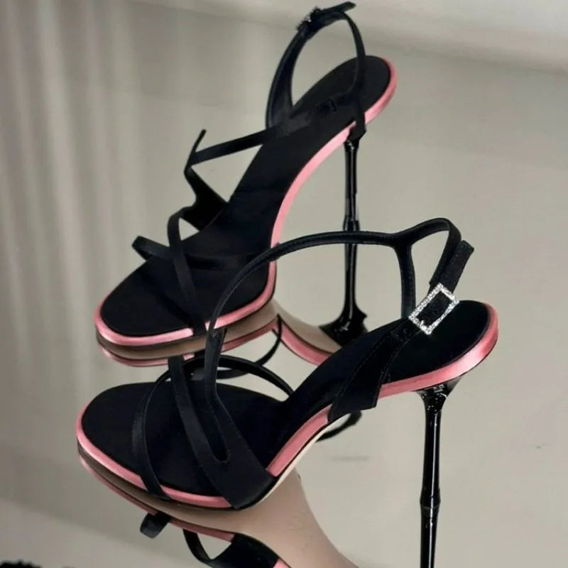 Black Satin Color Block Stiletto High Heel