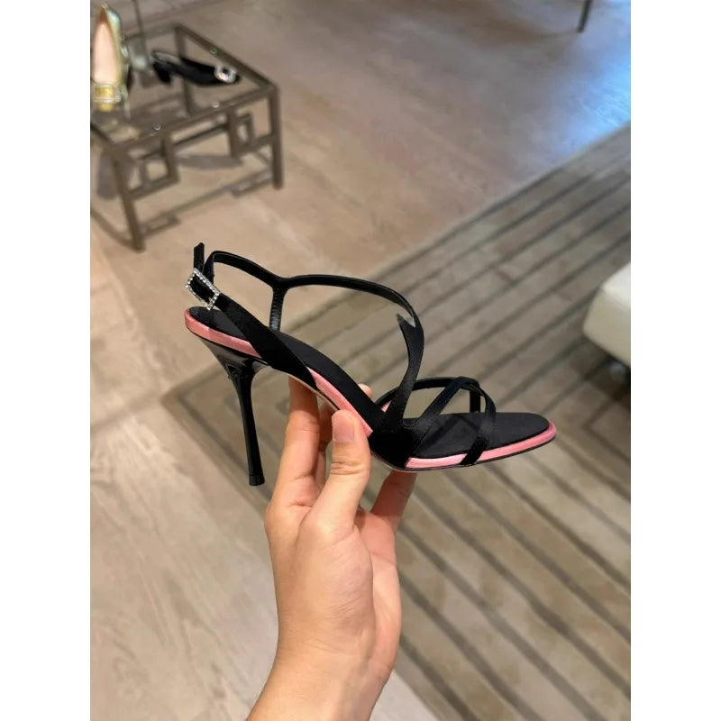 Black Satin Color Block Stiletto High Heel
