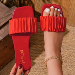 Slippers Sandals Simple Pleated Flip Flop Casual Beach Square Head Open Toe Flat Heel