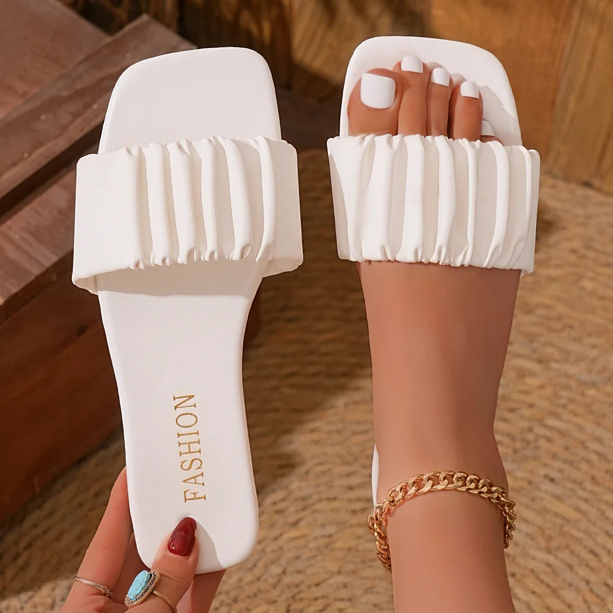 Slippers Sandals Simple Pleated Flip Flop Casual Beach Square Head Open Toe Flat Heel