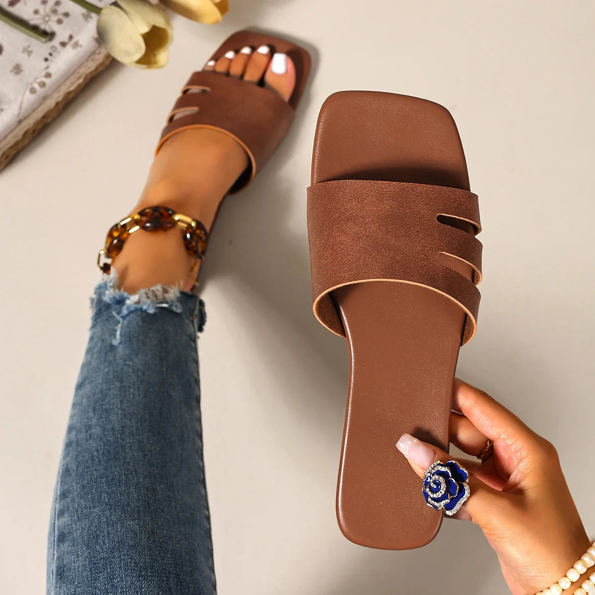 Solid Color Slide Sandals, Lightweight Square Open Toe Slip on Shoes