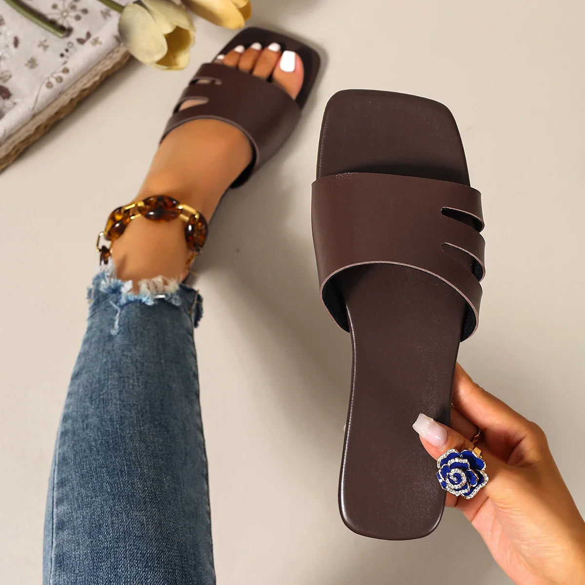 Solid Color Slide Sandals, Lightweight Square Open Toe Slip on Shoes