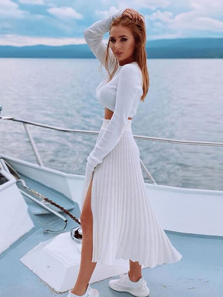 Sweater Dress Two Piece Sets Acrylic Jewel Neck Casual Long Sleeves Outfit