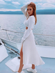 Sweater Dress Two Piece Sets Acrylic Jewel Neck Casual Long Sleeves Outfit