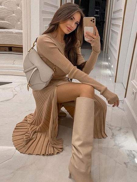 Sweater Dress Two Piece Sets Acrylic Jewel Neck Casual Long Sleeves Outfit