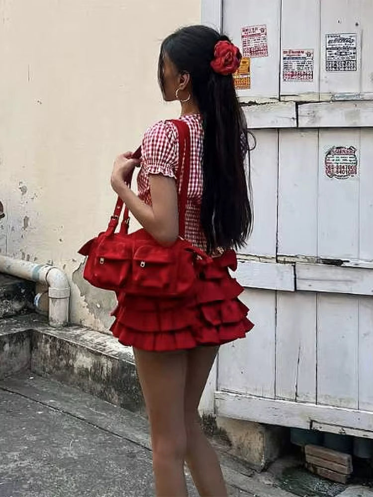 Sweet 2-Piece Set Plaid Puff Sleeve O-Neck Crop Tops Multi-Layered Bandage Puffy Skirt Streetwear Matching Suit