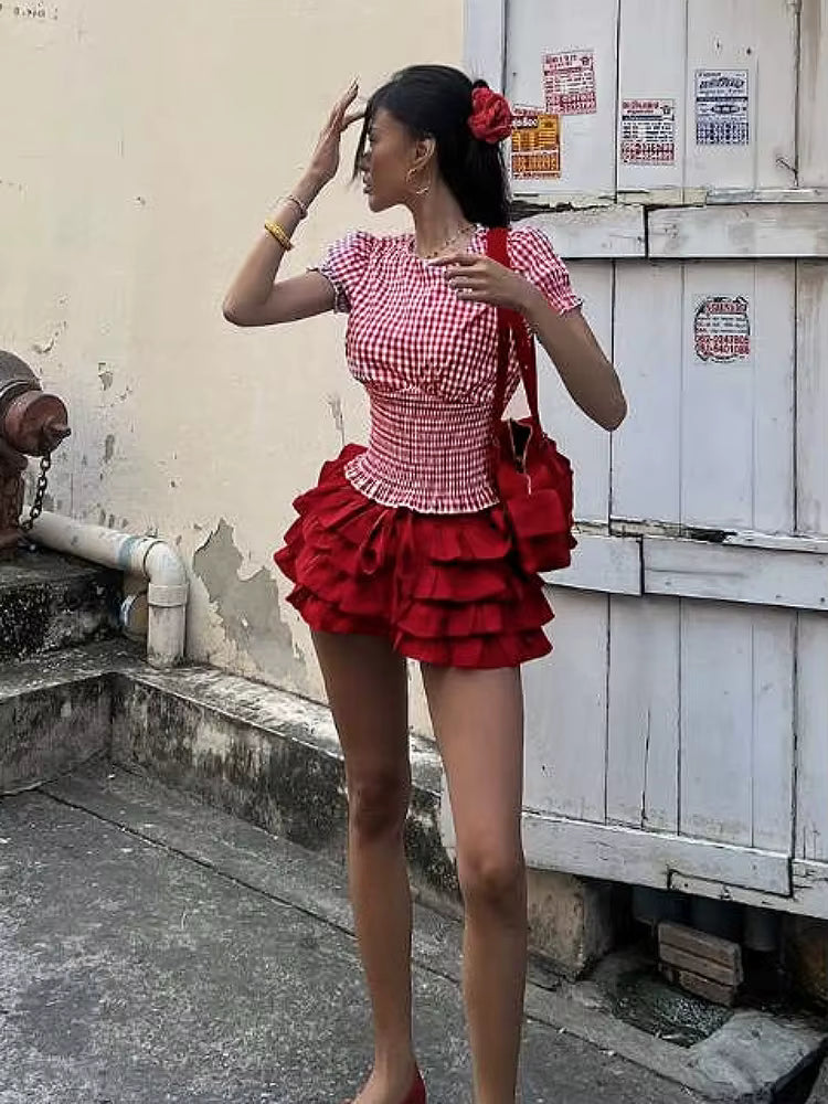 Sweet 2-Piece Set Plaid Puff Sleeve O-Neck Crop Tops Multi-Layered Bandage Puffy Skirt Streetwear Matching Suit