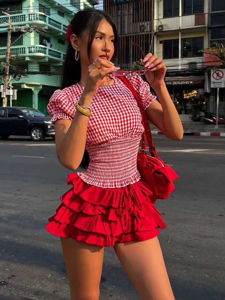 Sweet 2-Piece Set Plaid Puff Sleeve O-Neck Crop Tops Multi-Layered Bandage Puffy Skirt Streetwear Matching Suit