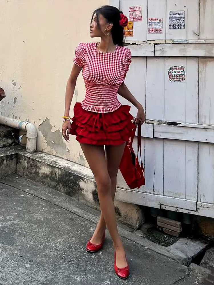Sweet 2-Piece Set Plaid Puff Sleeve O-Neck Crop Tops Multi-Layered Bandage Puffy Skirt Streetwear Matching Suit