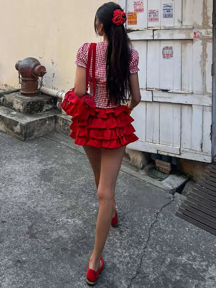 Sweet 2-Piece Set Plaid Puff Sleeve O-Neck Crop Tops Multi-Layered Bandage Puffy Skirt Streetwear Matching Suit