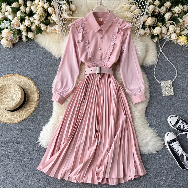 Sweet A-Line Turn-Down Collar Long Sleeve Street Wear Pleated Dresses