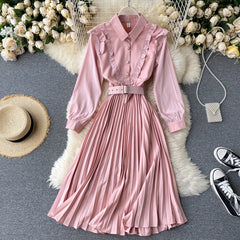 Sweet A-Line Turn-Down Collar Long Sleeve Street Wear Pleated Dresses