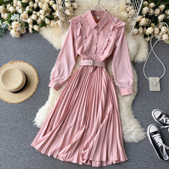 Sweet A-Line Turn-Down Collar Long Sleeve Street Wear Pleated Dresses