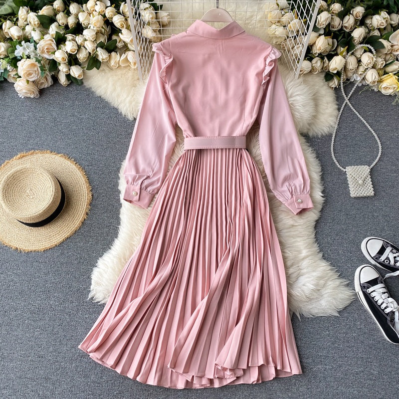 Sweet A-Line Turn-Down Collar Long Sleeve Street Wear Pleated Dresses