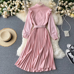 Sweet A-Line Turn-Down Collar Long Sleeve Street Wear Pleated Dresses