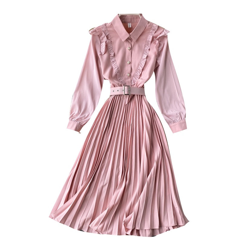 Sweet A-Line Turn-Down Collar Long Sleeve Street Wear Pleated Dresses
