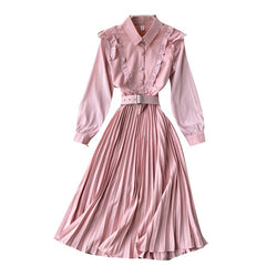 Sweet A-Line Turn-Down Collar Long Sleeve Street Wear Pleated Dresses