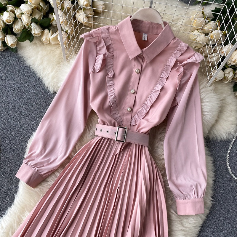 Sweet A-Line Turn-Down Collar Long Sleeve Street Wear Pleated Dresses