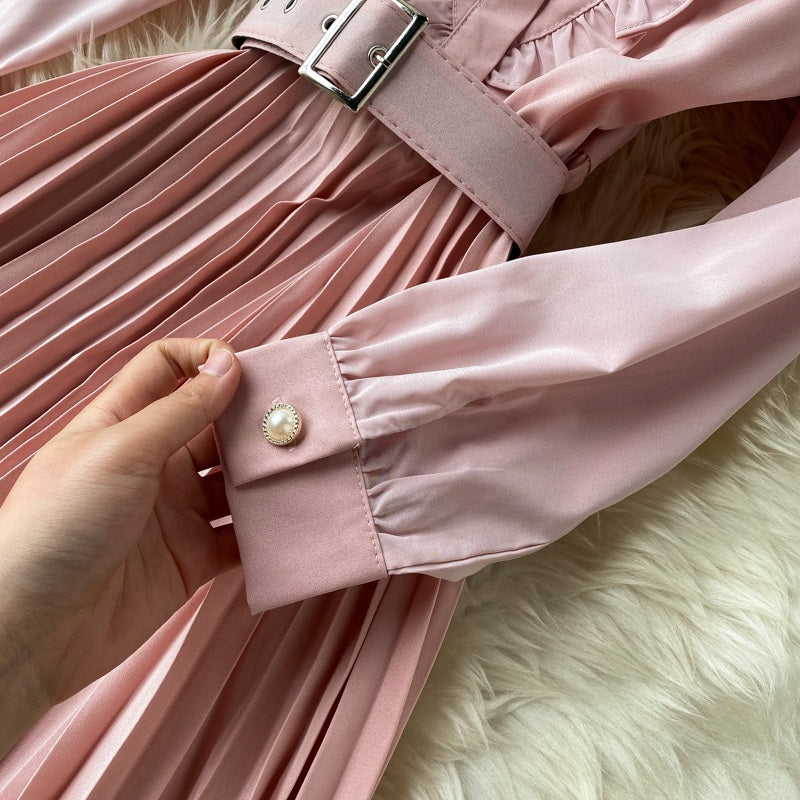 Sweet A-Line Turn-Down Collar Long Sleeve Street Wear Pleated Dresses