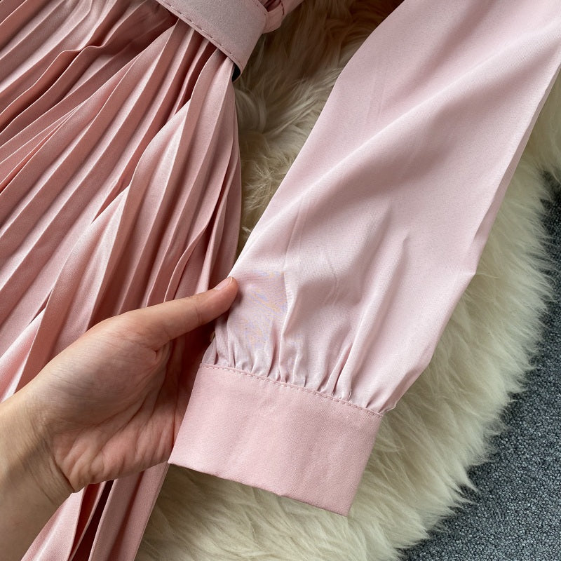 Sweet A-Line Turn-Down Collar Long Sleeve Street Wear Pleated Dresses