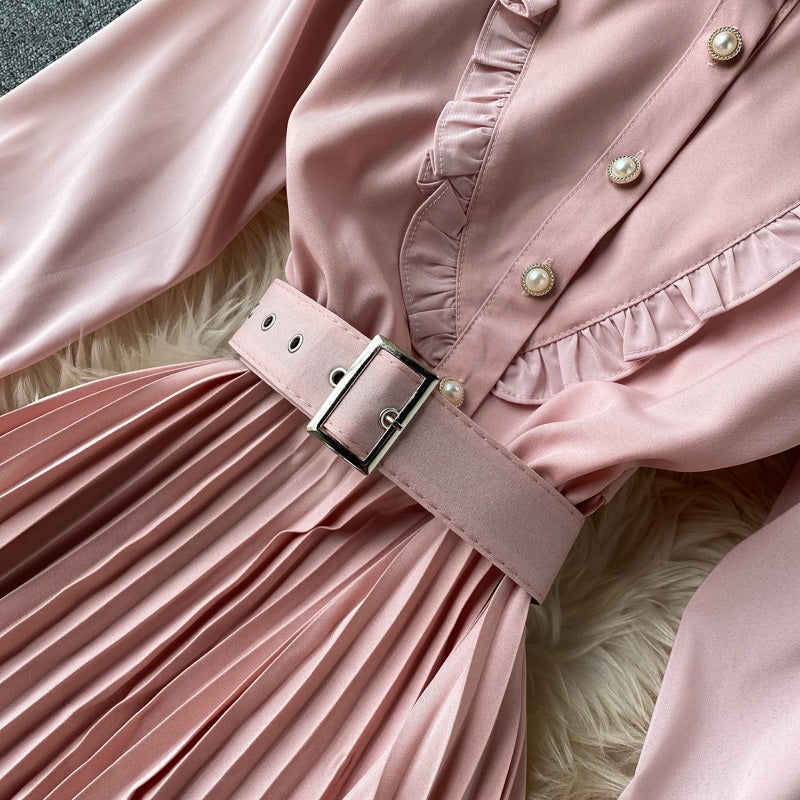 Sweet A-Line Turn-Down Collar Long Sleeve Street Wear Pleated Dresses