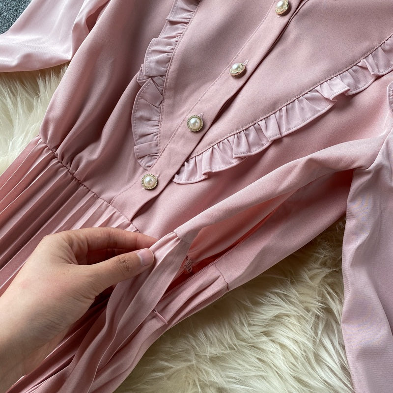 Sweet A-Line Turn-Down Collar Long Sleeve Street Wear Pleated Dresses