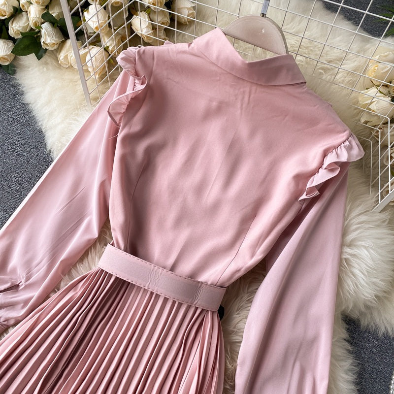 Sweet A-Line Turn-Down Collar Long Sleeve Street Wear Pleated Dresses