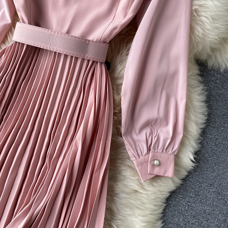 Sweet A-Line Turn-Down Collar Long Sleeve Street Wear Pleated Dresses