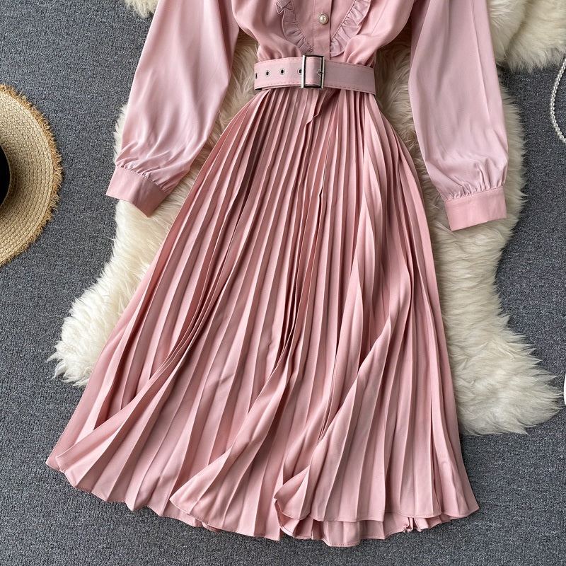 Sweet A-Line Turn-Down Collar Long Sleeve Street Wear Pleated Dresses