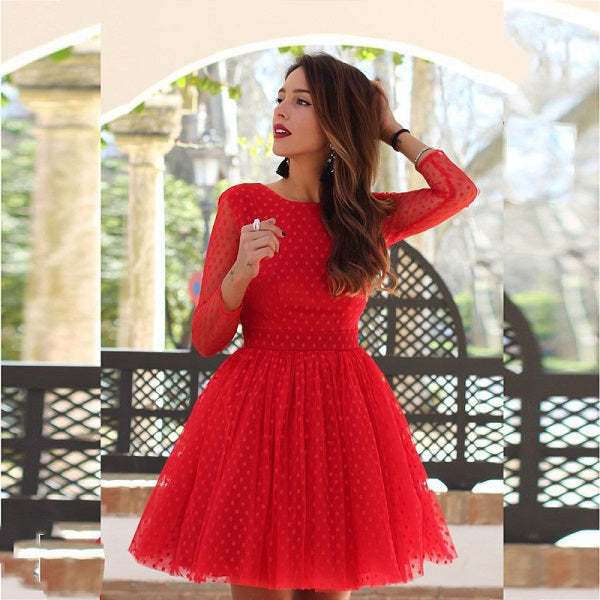 Sweet Backless Mesh See-through Polka Dot Mini Evening Dress
