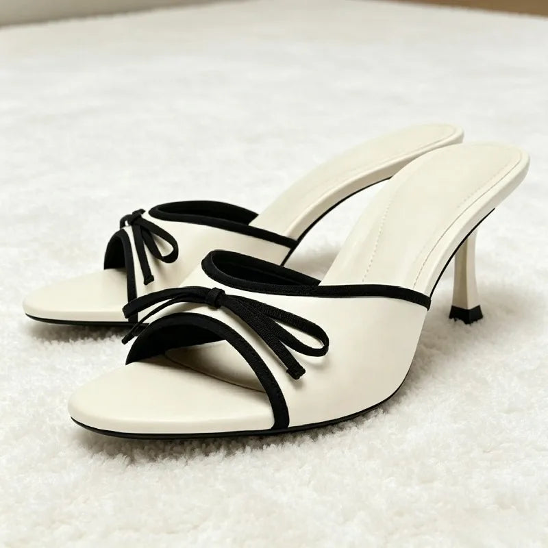 Sweet Bow Detail Mule Sandals for Contrasting Binding Round Toe Open-Toe Slide Sandals Elegant banquet dress Shoes