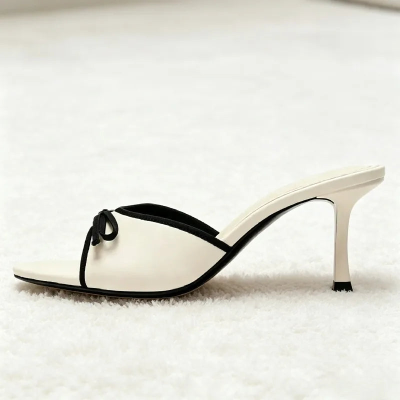 Sweet Bow Detail Mule Sandals for Contrasting Binding Round Toe Open-Toe Slide Sandals Elegant banquet dress Shoes