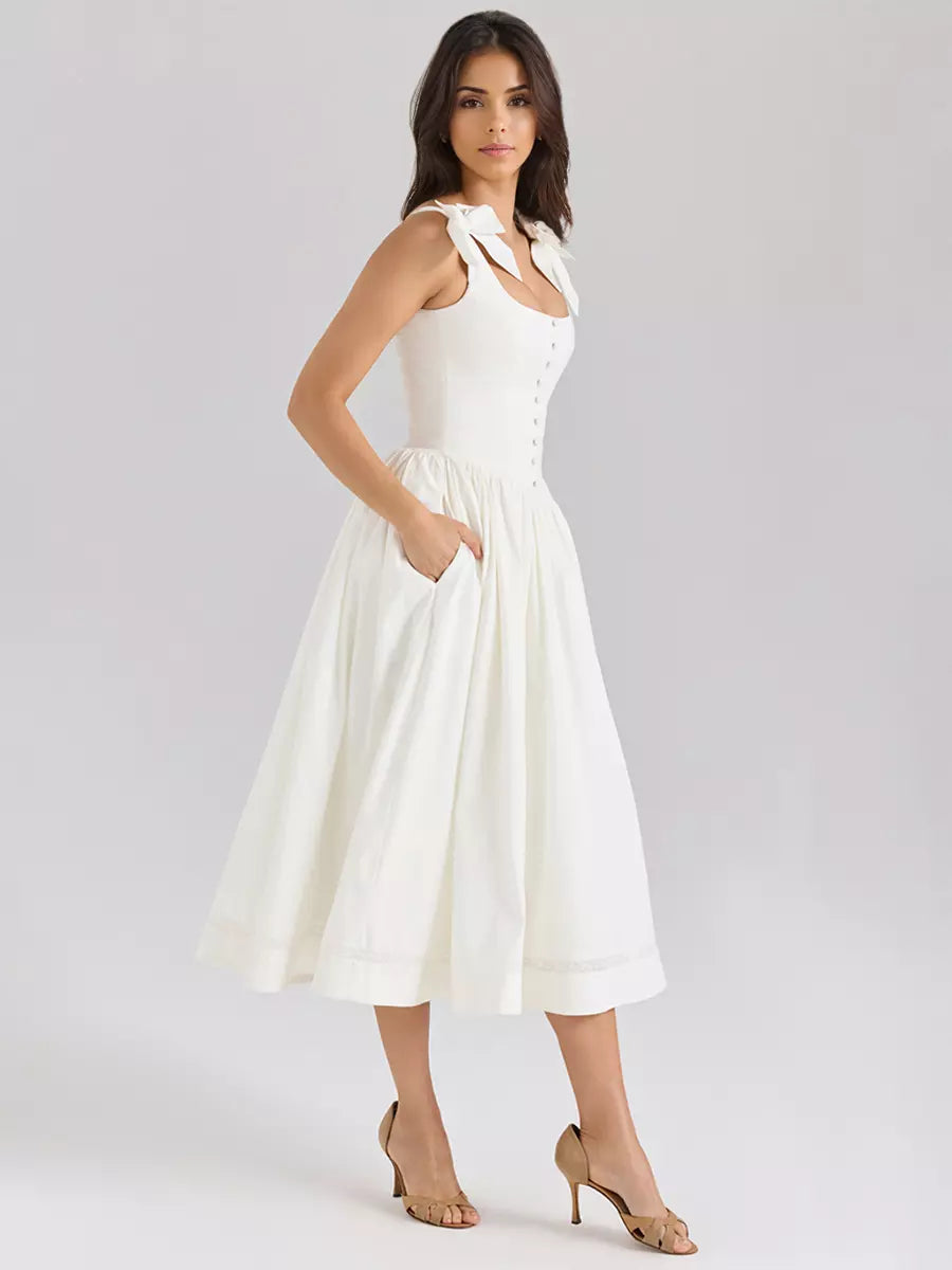 Sweet Bow Shoulders And A-line Silhouette Midi Dress