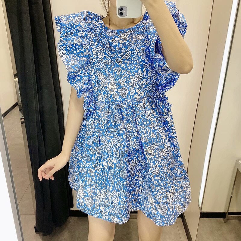 Sweet Butterfly Sleeve Floral Print Mini Dress