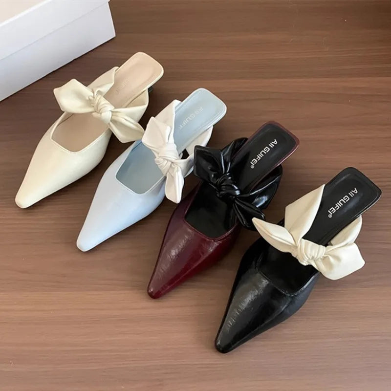 Sweet Butterfly-knot Low-heeled Slippers Elegant Pointed Toe Slingback Slide Sandals Comfort Concise Designer Office Shoes
