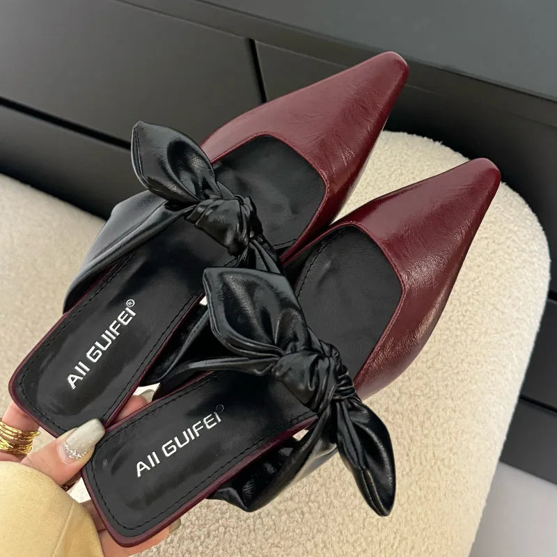 Sweet Butterfly-knot Low-heeled Slippers Elegant Pointed Toe Slingback Slide Sandals Comfort Concise Designer Office Shoes