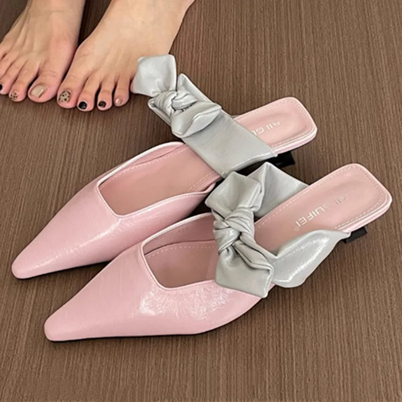 Sweet Butterfly-knot Low-heeled Slippers Elegant Pointed Toe Slingback Slide Sandals Comfort Concise Designer Office Shoes