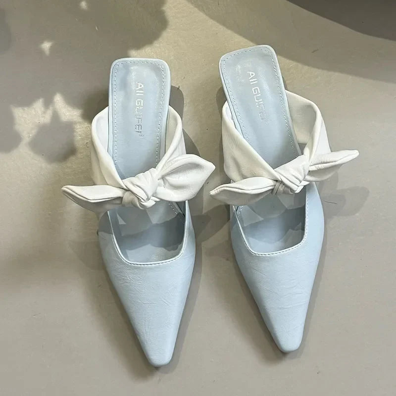 Sweet Butterfly-knot Low-heeled Slippers Elegant Pointed Toe Slingback Slide Sandals Comfort Concise Designer Office Shoes
