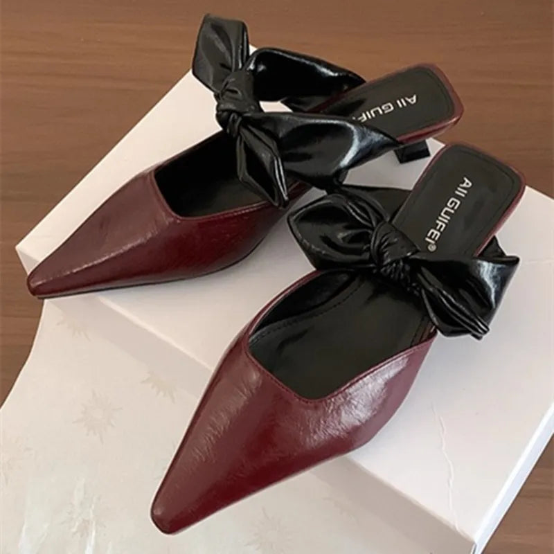 Sweet Butterfly-knot Low-heeled Slippers Elegant Pointed Toe Slingback Slide Sandals Comfort Concise Designer Office Shoes