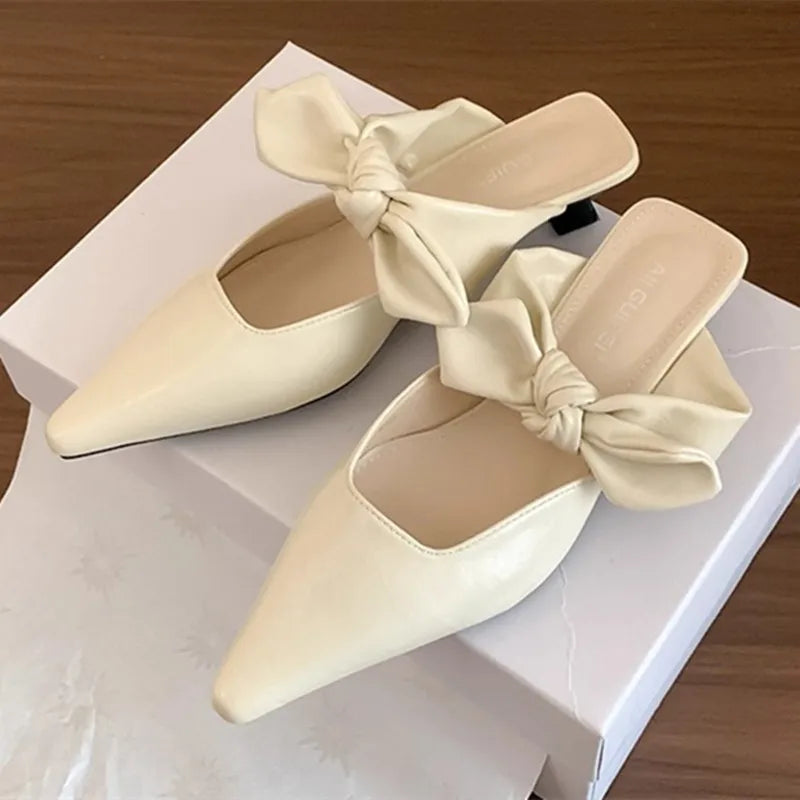 Sweet Butterfly-knot Low-heeled Slippers Elegant Pointed Toe Slingback Slide Sandals Comfort Concise Designer Office Shoes