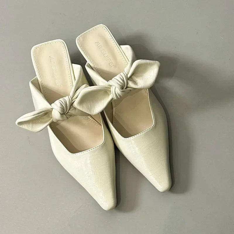 Sweet Butterfly-knot Low-heeled Slippers Elegant Pointed Toe Slingback Slide Sandals Comfort Concise Designer Office Shoes