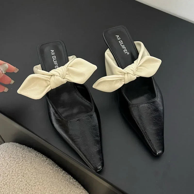 Sweet Butterfly-knot Low-heeled Slippers Elegant Pointed Toe Slingback Slide Sandals Comfort Concise Designer Office Shoes