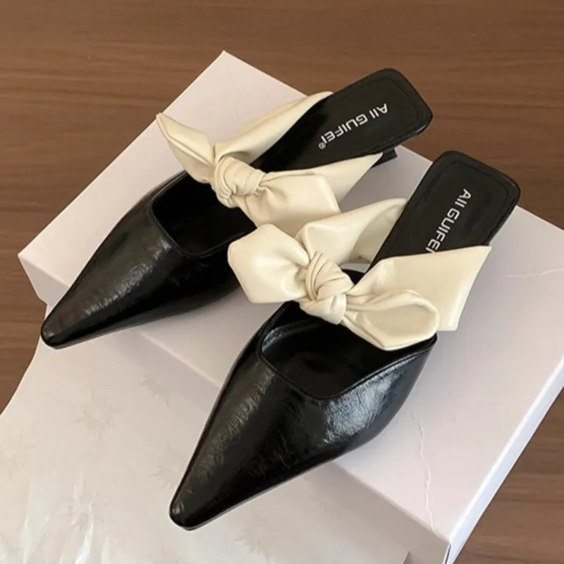 Sweet Butterfly-knot Low-heeled Slippers Elegant Pointed Toe Slingback Slide Sandals Comfort Concise Designer Office Shoes
