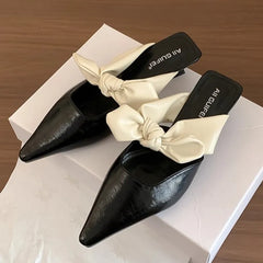 Sweet Butterfly-knot Low-heeled Slippers Elegant Pointed Toe Slingback Slide Sandals Comfort Concise Designer Office Shoes