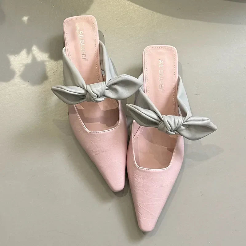 Sweet Butterfly-knot Low-heeled Slippers Elegant Pointed Toe Slingback Slide Sandals Comfort Concise Designer Office Shoes