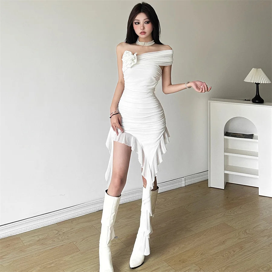 Sweet Chest Wrapping Strapless Sheath Tassel Tight Mini Dress