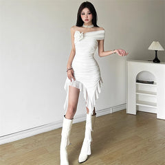 Sweet Chest Wrapping Strapless Sheath Tassel Tight Mini Dress