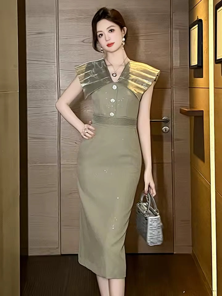 Sweet Lapel Turn-Down Collar Sleeveless Slim Pencil Blazer Midi Dress