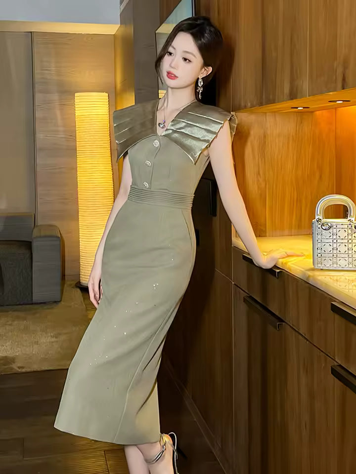 Sweet Lapel Turn-Down Collar Sleeveless Slim Pencil Blazer Midi Dress