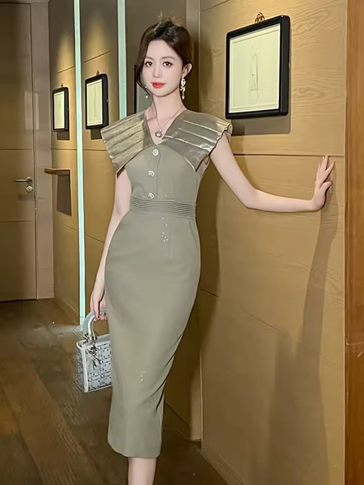 Sweet Lapel Turn-Down Collar Sleeveless Slim Pencil Blazer Midi Dress